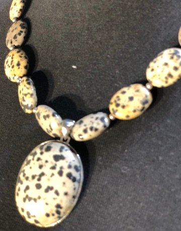 Nickel Plated SILVER Dalmatian Jasper Oval Glass Beaded Neckpiece