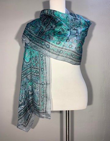 Green And Grey Patterned Pure Silk Scarf- Small Size