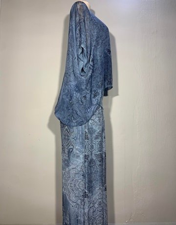 Something Pretty Blue Patterned Silk Mix Top And Pants Set- Size M/L