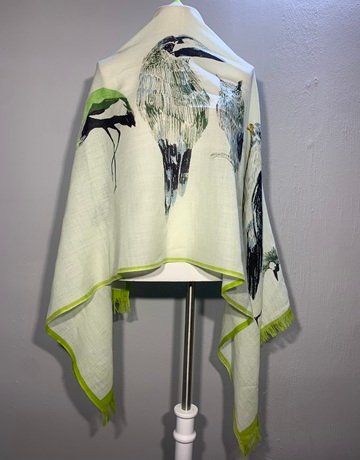 Green And White Bird Print Wool Scarf- Large Size