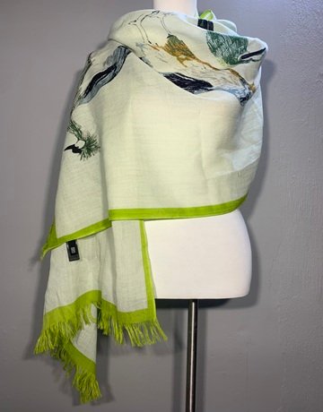 Green And White Bird Print Wool Scarf- Large Size
