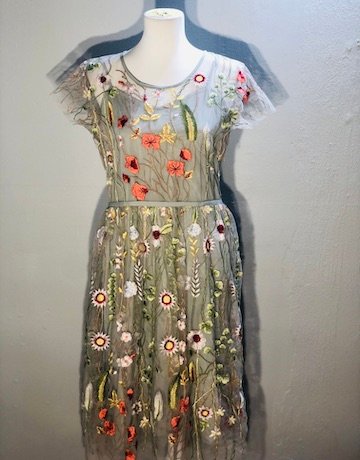 Poetry Grey Flowered Embroidered Dress - Size UK 12
