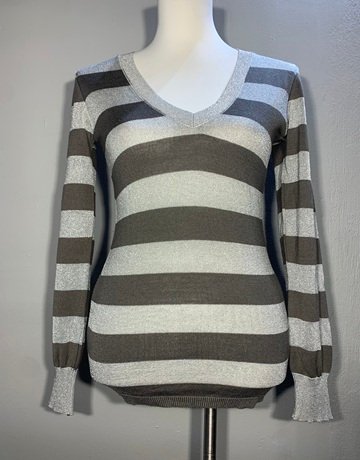 Angela Davis Silver and Grey Stripe Viscose Blend Jersey - Size Medium