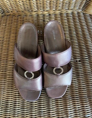 Green Cross Bronze Block Heels- Size 6