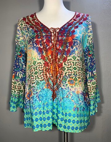 RubyYaya Blue And Green Patterned Top- Size Extra-Small