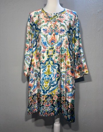 Nani Cape Town Blue And White Patterned Pure Silk Dress- Size Large