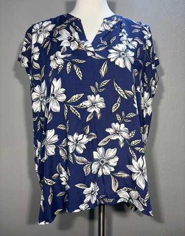 Trenery Navy Blue And White Patterned Top- Size Large