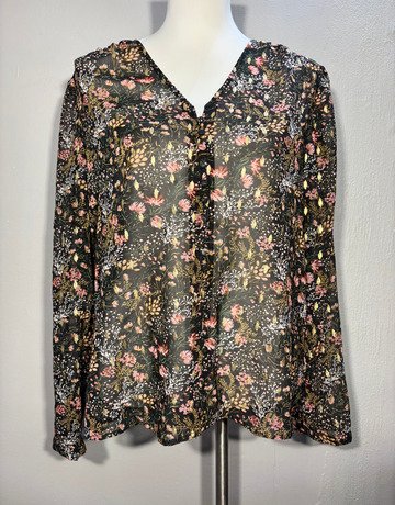 Le Temps Des Perises Black Floral Mesh Shirt- Size Extra-Large