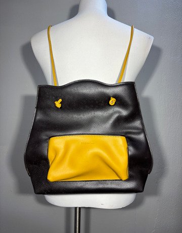 Tolblanc Black And Yellow Leather Backpack- Medium Size