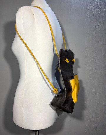 Tolblanc Black And Yellow Leather Backpack- Medium Size