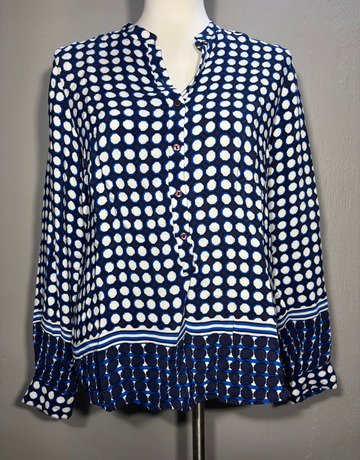 Milano Blue And White Patterned Viscose Top- Size 36