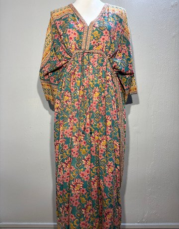 ANOKHI Green And Yellow Patterned Cotton Dress- Free Size