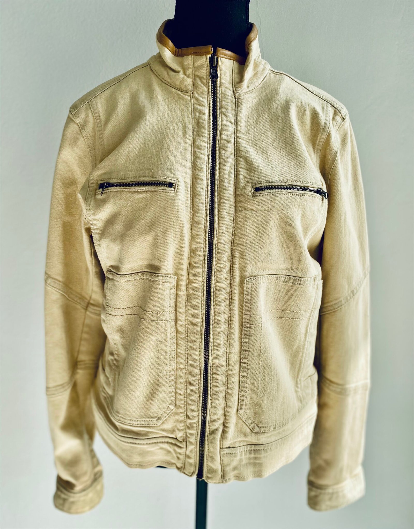 Ralph Lauren (ladies zip down, leather trim Trucker Moto denim Jacket) - Size: L/Euro 14