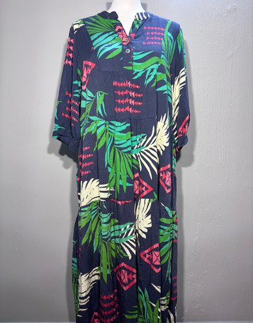 Eco Threads Navy Blue Patterned Linen Dress- Size Large