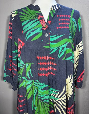 Eco Threads Navy Blue Patterned Linen Dress- Size Large