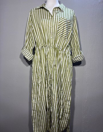 Earthaddict Green And White Cotton Dress- Size 38