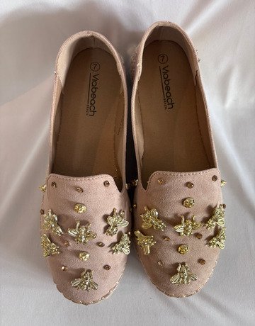 Viabeach Pink Loafers with Gold Bee Embellishments- Size 7