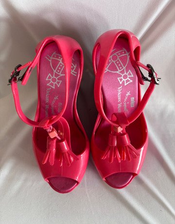 Vivienne Westwood x Melissa Pink Peep-Toe Tassel Wedges- Size USA7/EUR38
