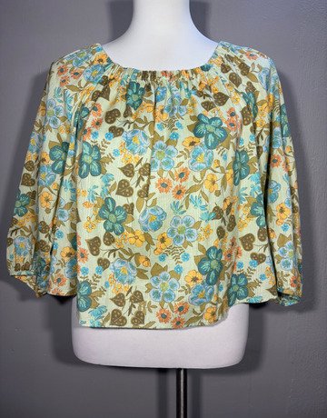 Ana Blue And Green Patterned Cotton Top-Size Small