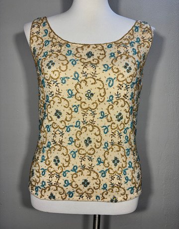 Vintage Cream Beaded Top (No Brand Name)- Size Medium