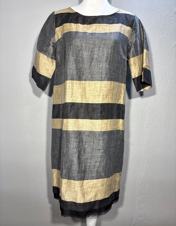 Grey And Cream Linen (Lino Flax) Dress (No Brand Name)- Size Medium