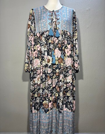 Floral Blue And Cream Viscose Dress (No Brand Name)- Size Large