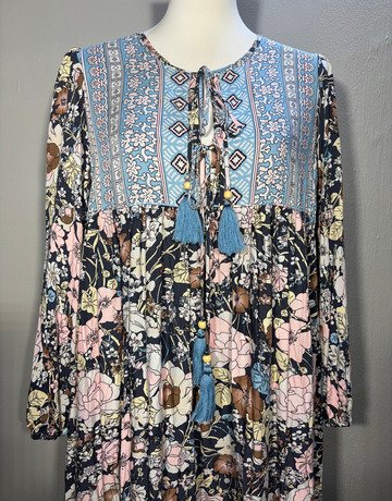 Floral Blue And Cream Viscose Dress (No Brand Name)- Size Large