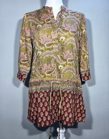 ANOKHI Green And Red Patterned Cotton Top- Size Small
