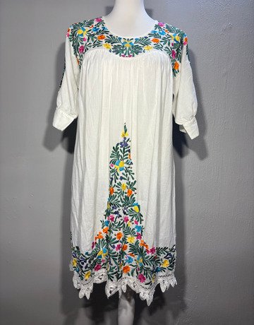 Antik Batik White Floral Cotton Dress- Size Large