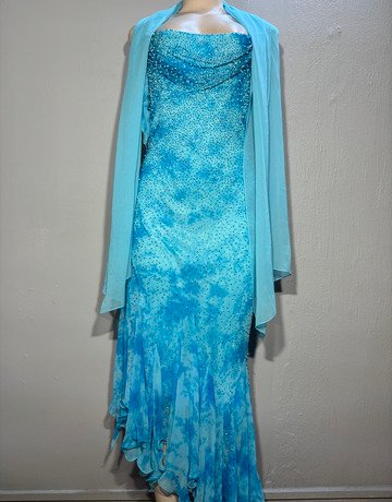 La Cache Blue Pure Silk `Beaded Evening Dress- Size 34