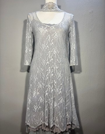 Mystic Rose Light Grey Floral Lace Maxi Dress with Scarf- Size Small