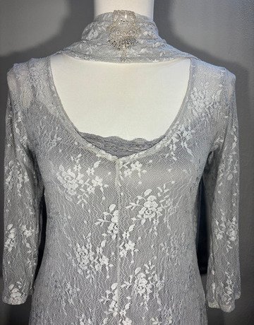 Mystic Rose Light Grey Floral Lace Maxi Dress with Scarf- Size Small