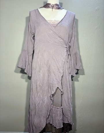 Mystic Rose Mauve Crinkle Chiffon Layered Wrap Dress- Size Large