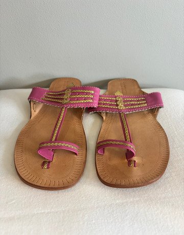 Jane Valken Pink & Gold Embellished Leather Flat Sandals- Size 39