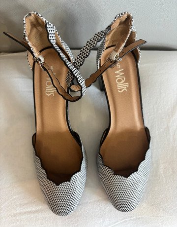 Wallis Black & White Geometric Ankle-Strap Block Heels- Size 5