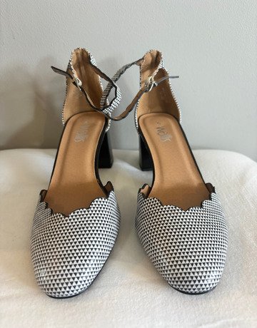 Wallis Black & White Geometric Ankle-Strap Block Heels- Size 5