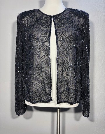 Black Sheer Beaded Open-Front Cardigan / Jacket- Size Medium