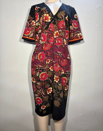 Maggy London Burgundy & Gold Paisley Floral V-Neck Dress- Size UK16