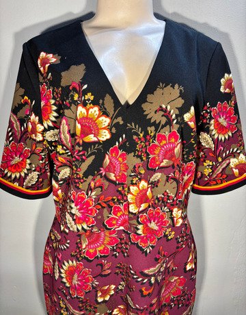 Maggy London Burgundy & Gold Paisley Floral V-Neck Dress- Size UK16