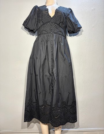 Whistles Black Puff-Sleeve Pure Cotton Dress- Size UK12
