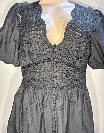 Whistles Black Puff-Sleeve Pure Cotton Dress- Size UK12