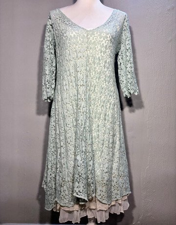 Mystic Rose Green Floral Lace Dress (with frilled spaghetti strap under dress)– Size Small