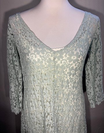 Mystic Rose Green Floral Lace Dress (with frilled spaghetti strap under dress)– Size Small