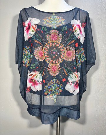 Desigual Navy Blue Patterned Mesh Top- Size Extra-Large