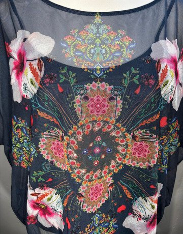 Desigual Navy Blue Patterned Mesh Top- Size Extra-Large