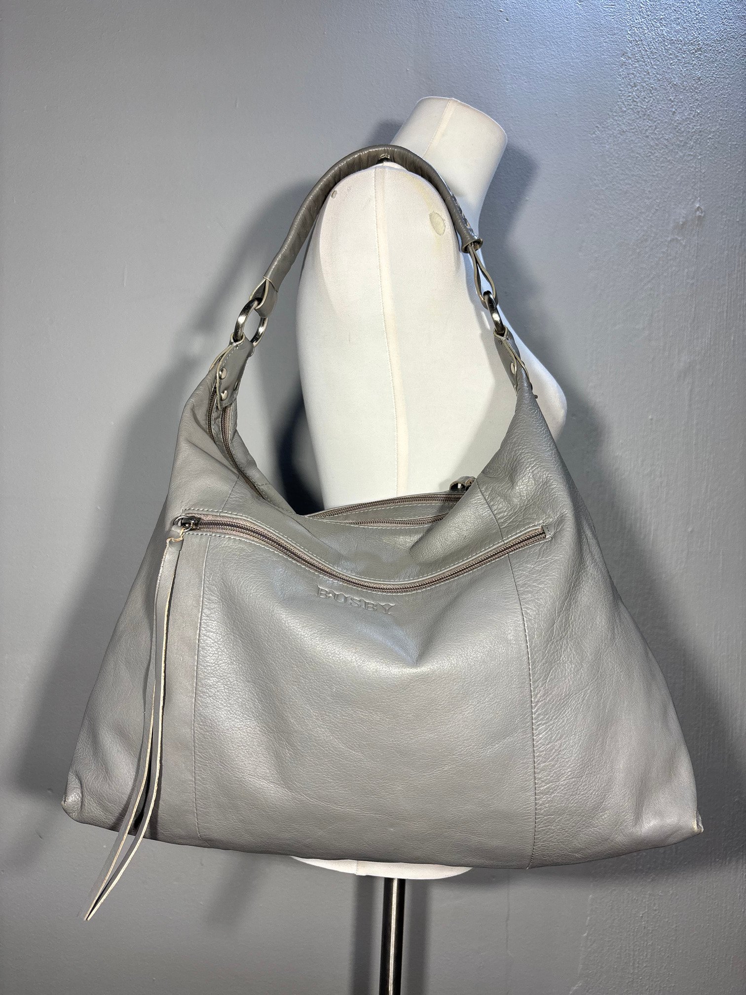 Busby Grey Leather Shoulder Bag- Medium Size