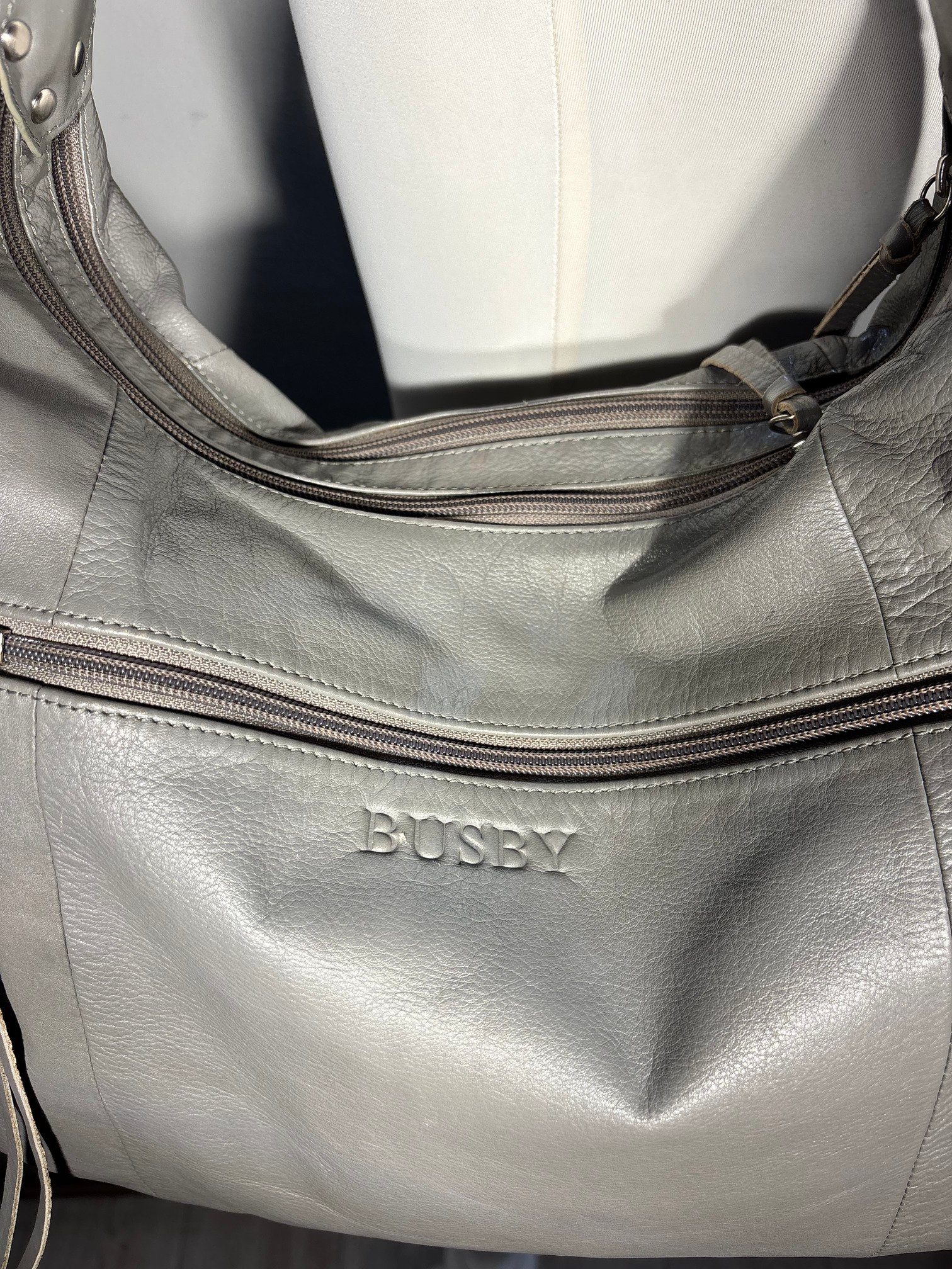 Busby Grey Leather Shoulder Bag- Medium Size